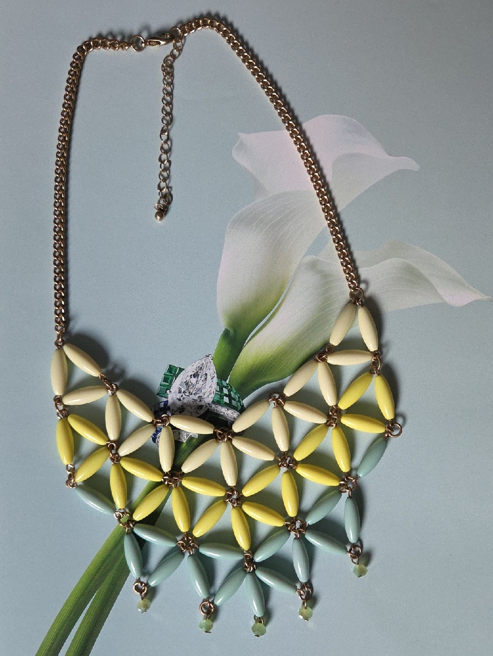 Women's Yellow Cream & Green Ombre Beaded Statement Necklace.